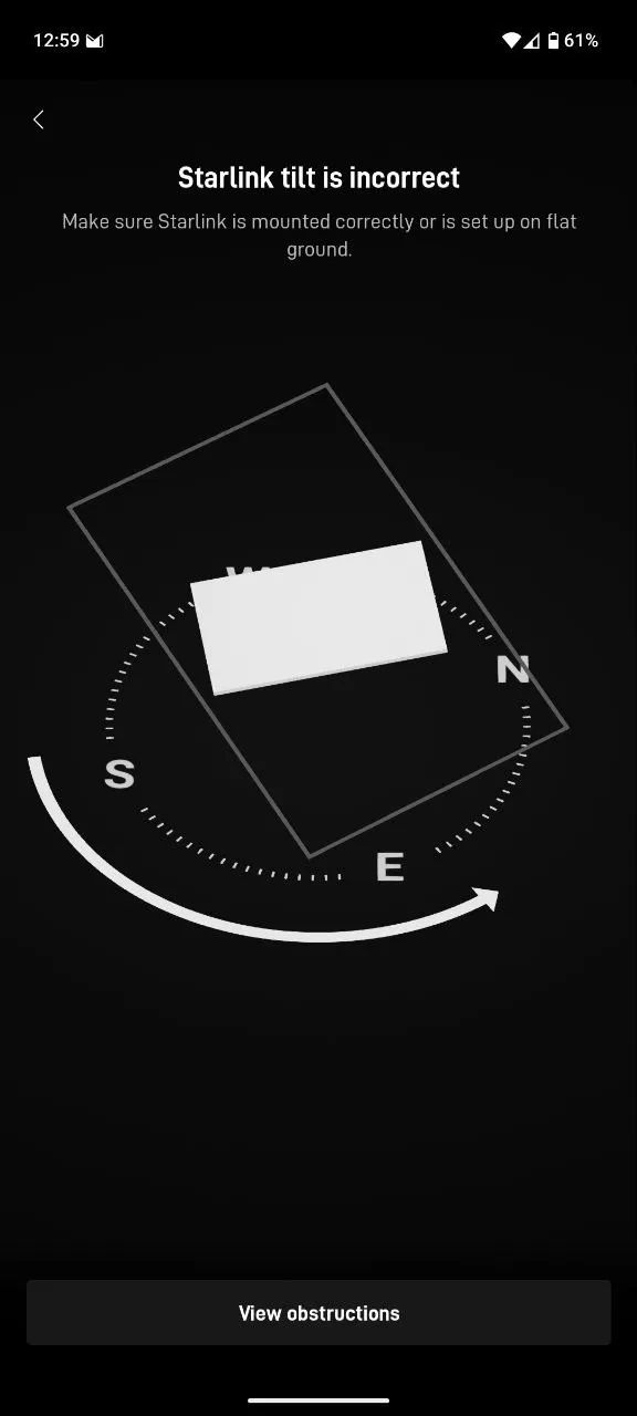 Starlink app alignment screen: “Starlink tilt is incorrect”, with the dish shown rotated well off its recommended orientation