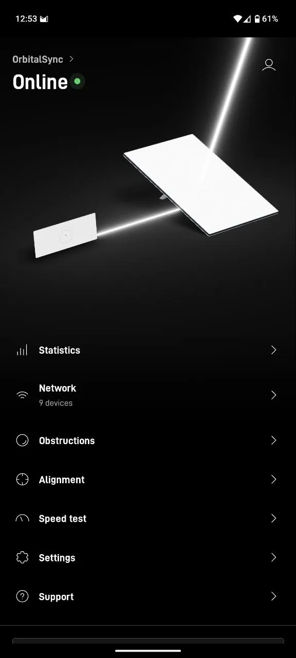 Starlink app home screen showing the dish online, with menu entries for statistics, network, obstructions, alignment, speed test, settings and support
