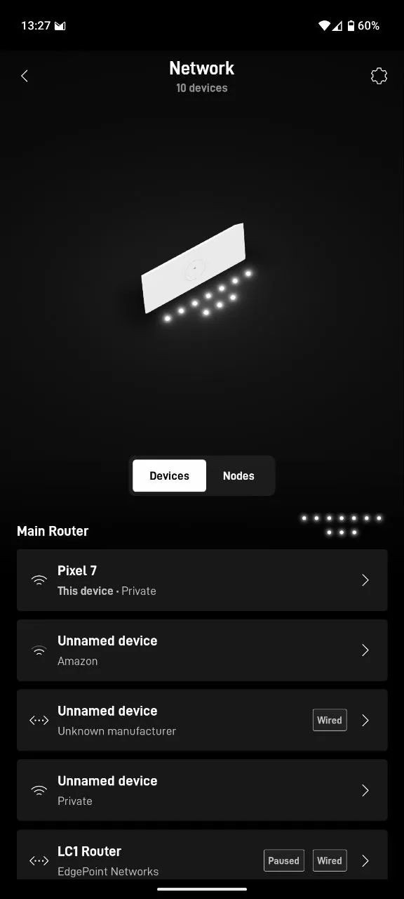 Starlink app network screen listing connected devices, some wired and one paused