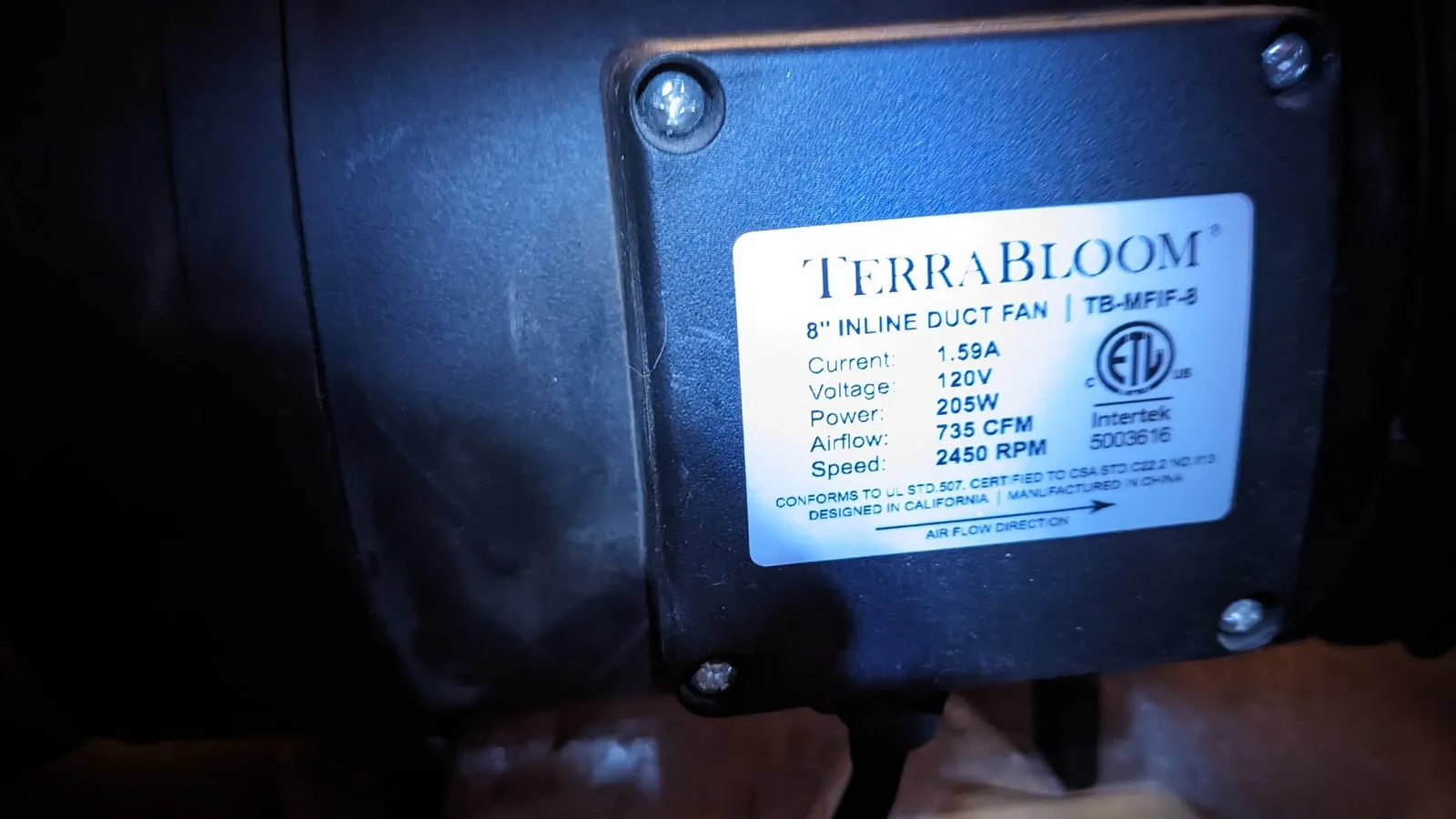 Rating plate of the 8-inch inline duct fan: 120 V, 1.59 A, 205 W, 735 CFM, 2450 RPM