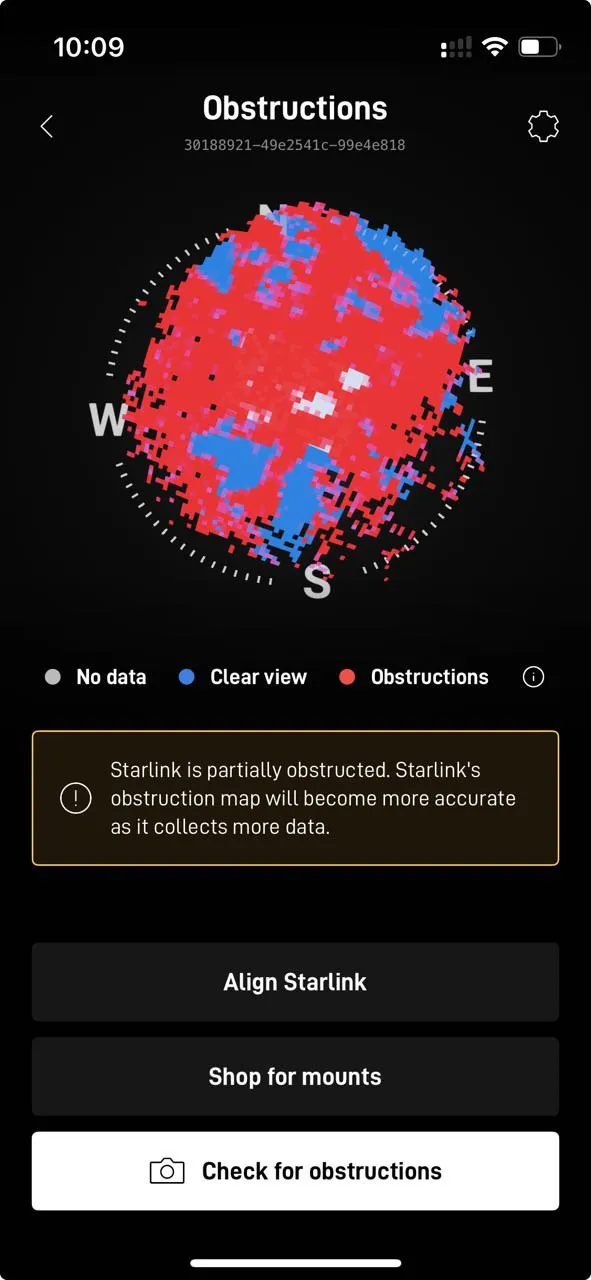 Starlink app obstruction map under tall trees with heavy foliage