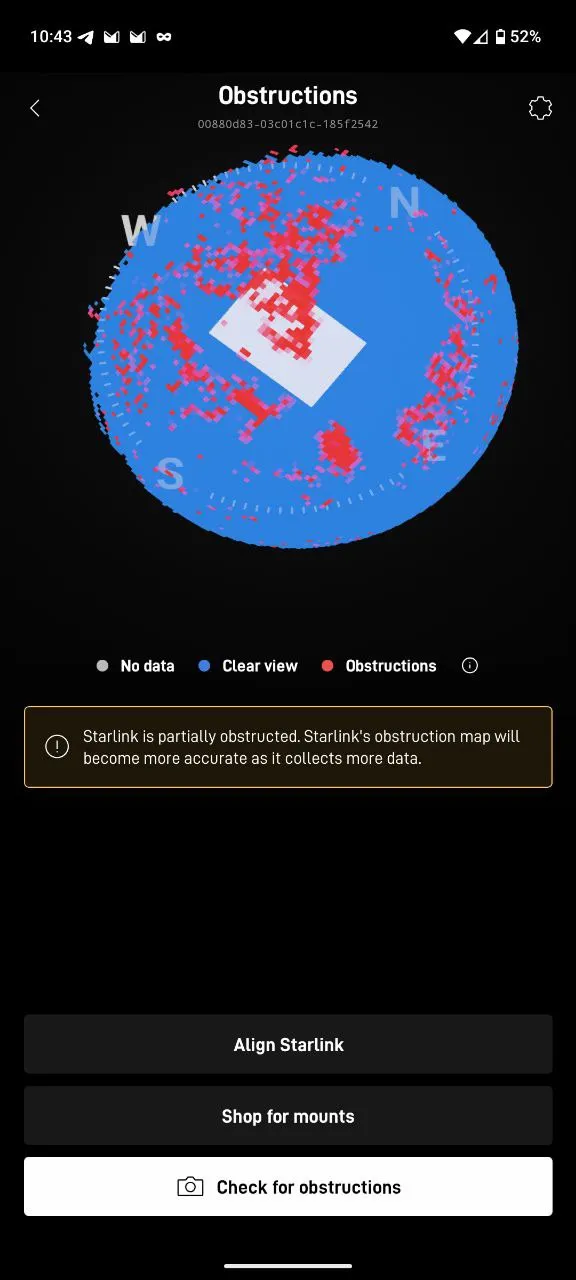 Starlink app obstruction map showing medium sky coverage