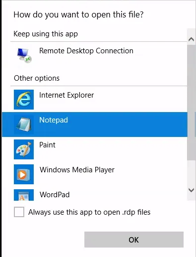 Windows “How do you want to open this file?” dialog with Notepad selected