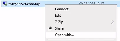 Windows Explorer context menu on an .rdp file with “Open with…” highlighted