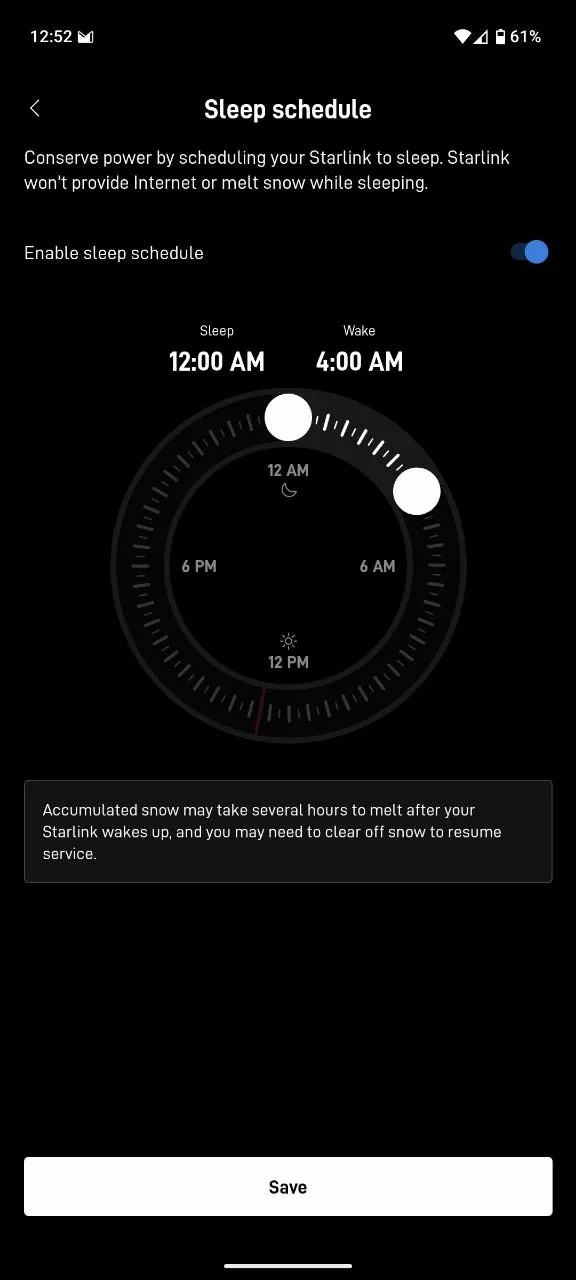 Starlink app sleep schedule set to sleep from 12:00 AM to 4:00 AM